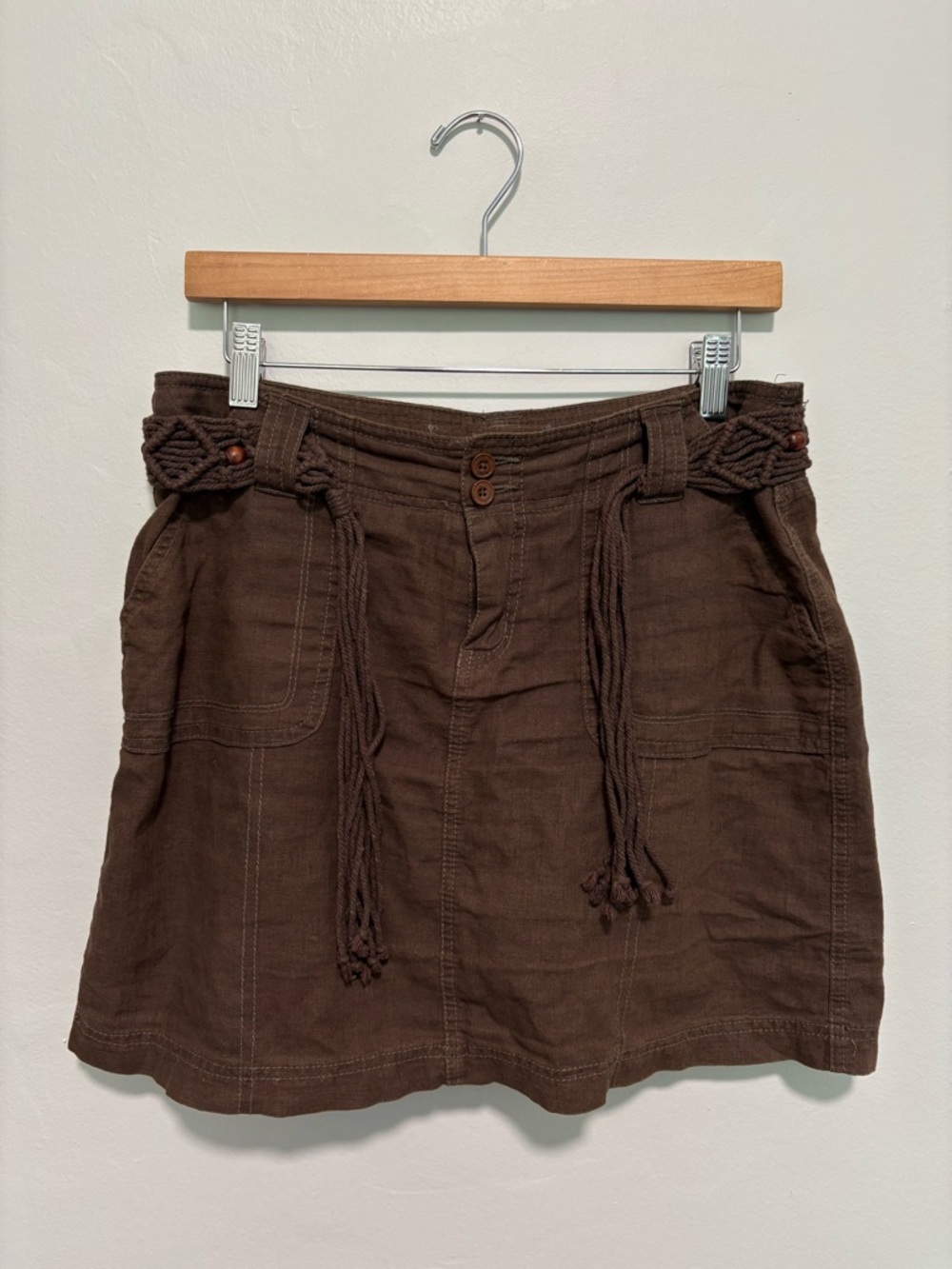 Sonoma Dark Brown Cotton Linen Blend Skort with Braided Tie Waist